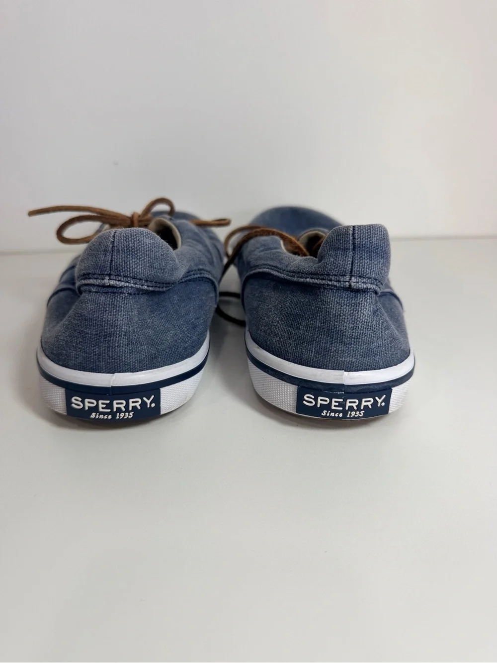 Sperry Denim Blue Canvas Low-Top Sneakers with Brown Laces